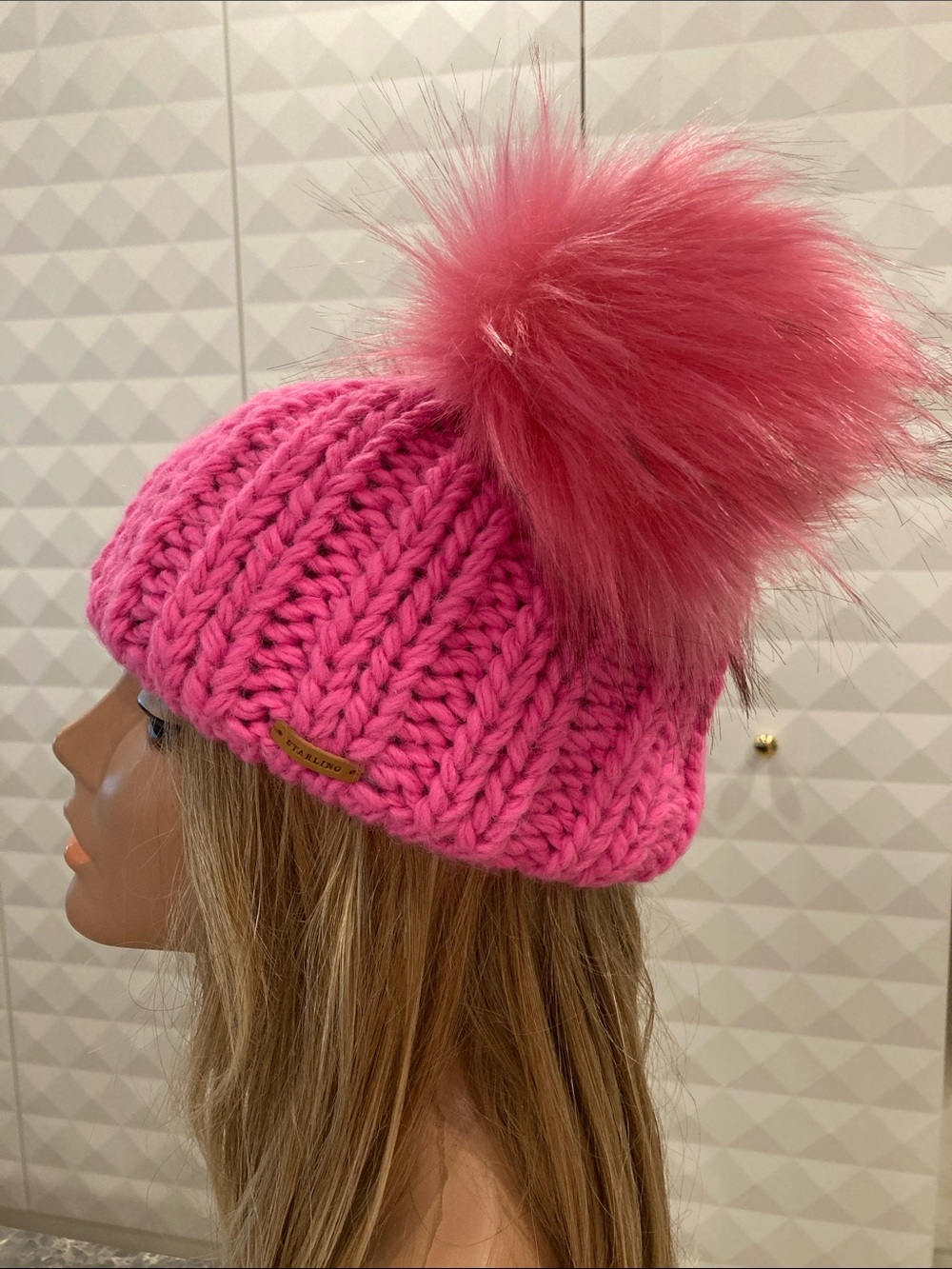 Knitted Crochet Pink Double Pom Pom Knit Beanie Hat
